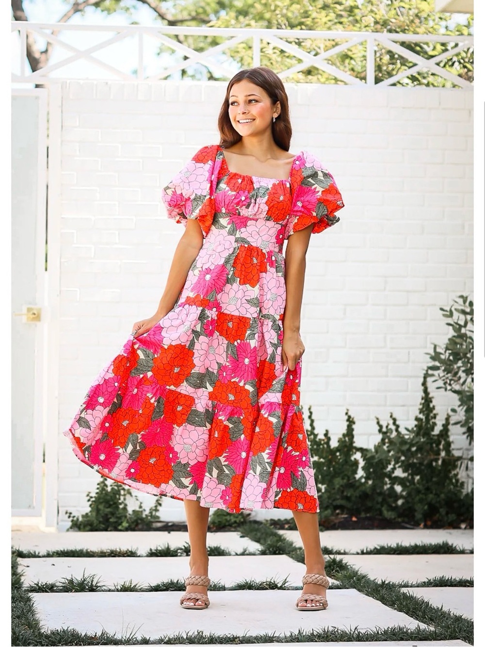 Listicle Pink & Red Floral Puff-Sleeve Midi Dress